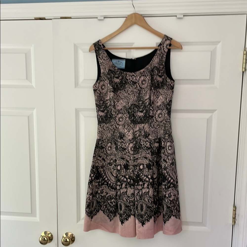 Prada Blush and Black Lace Print Mini Dress